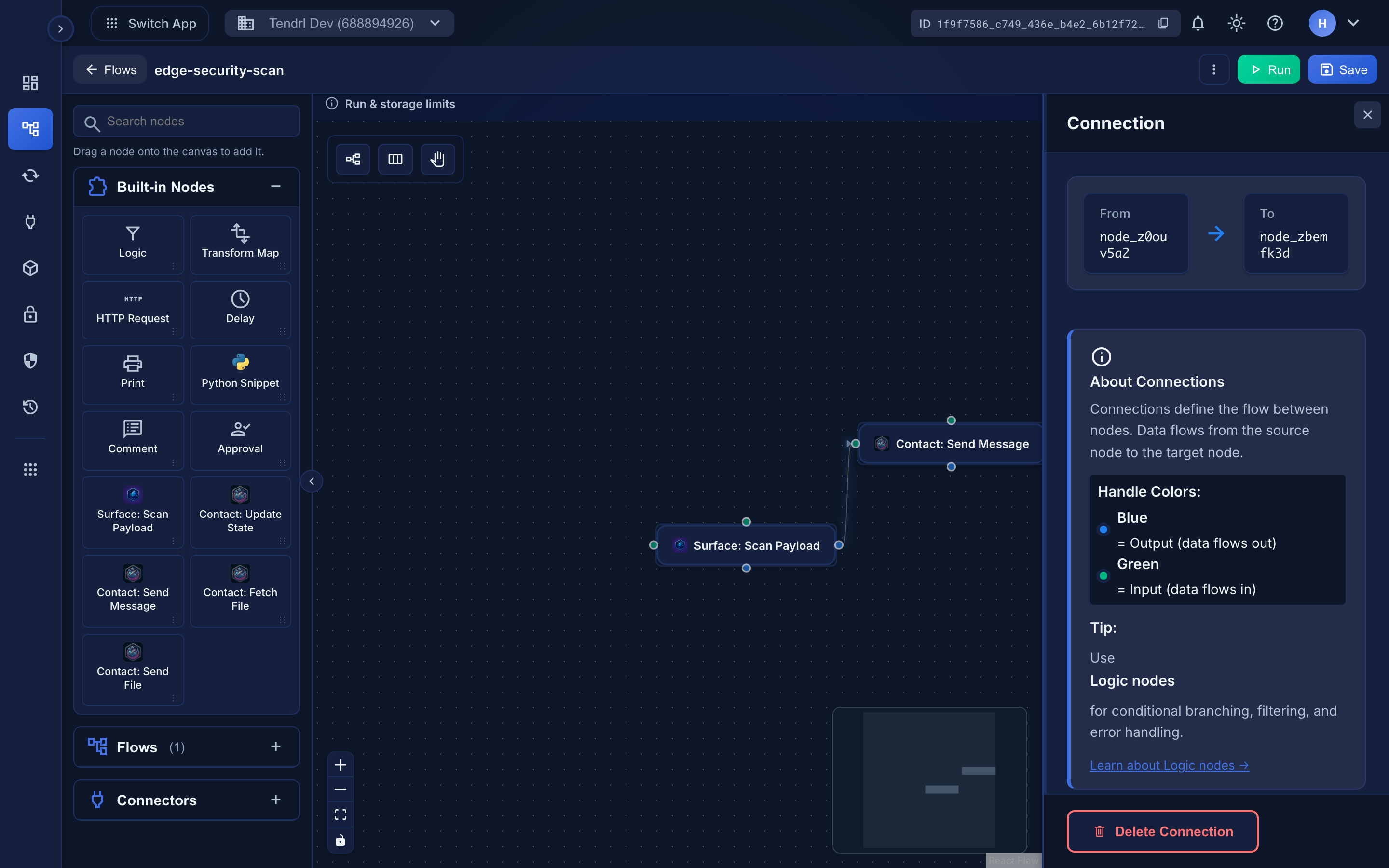 The Edge Inspector panel with From and To nodes and a Delete Connection button