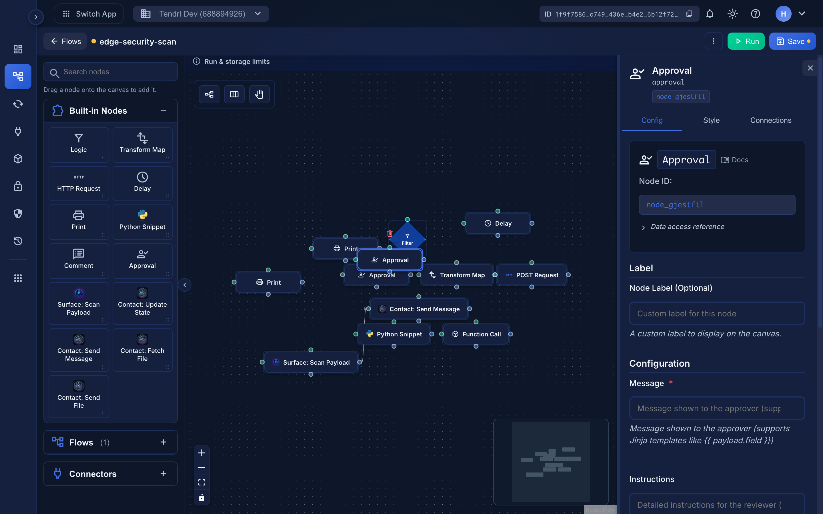 The Approval node's Configuration: the approver message and reviewer instructions.