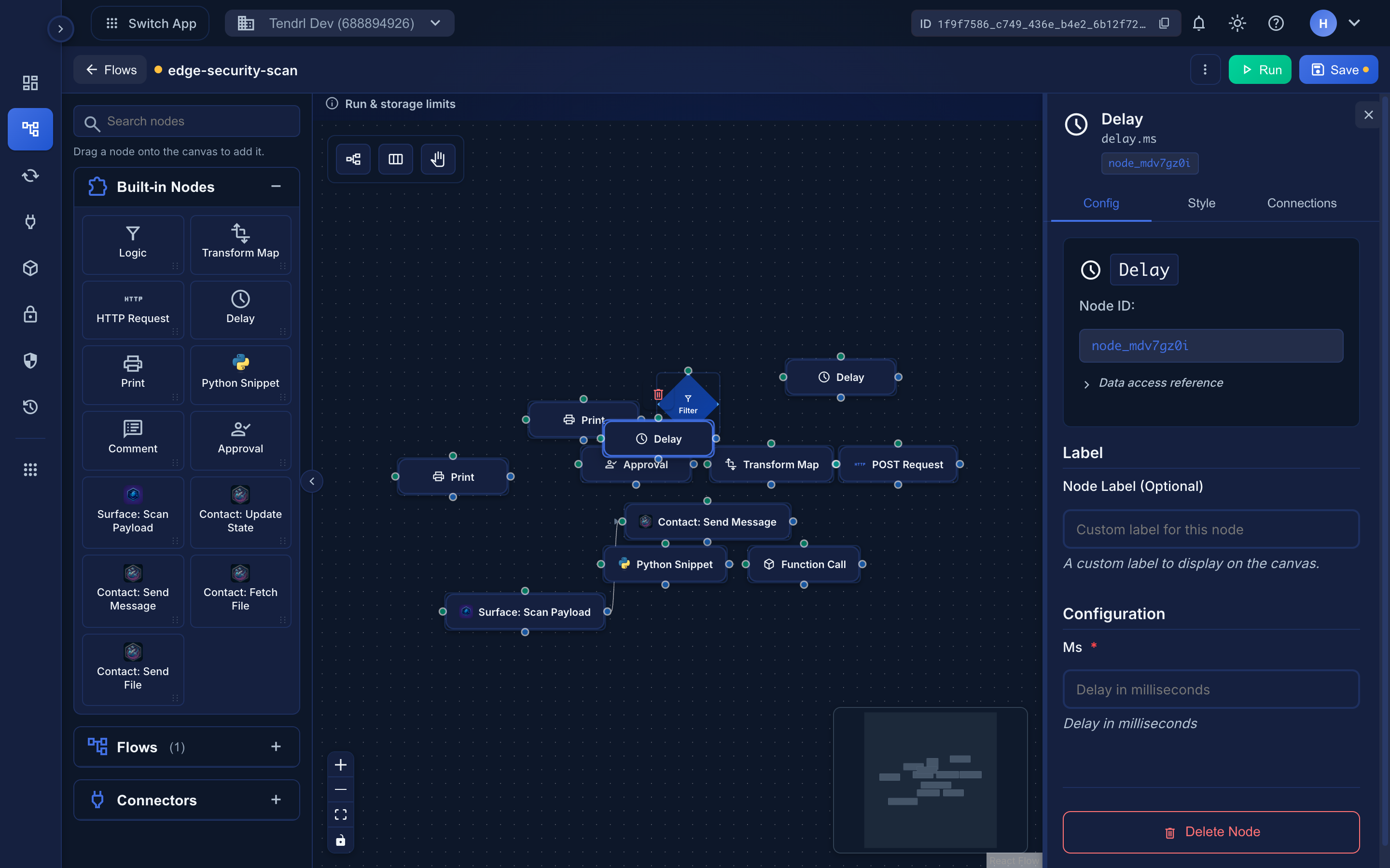 The Delay node's Configuration, showing the wait duration in milliseconds.