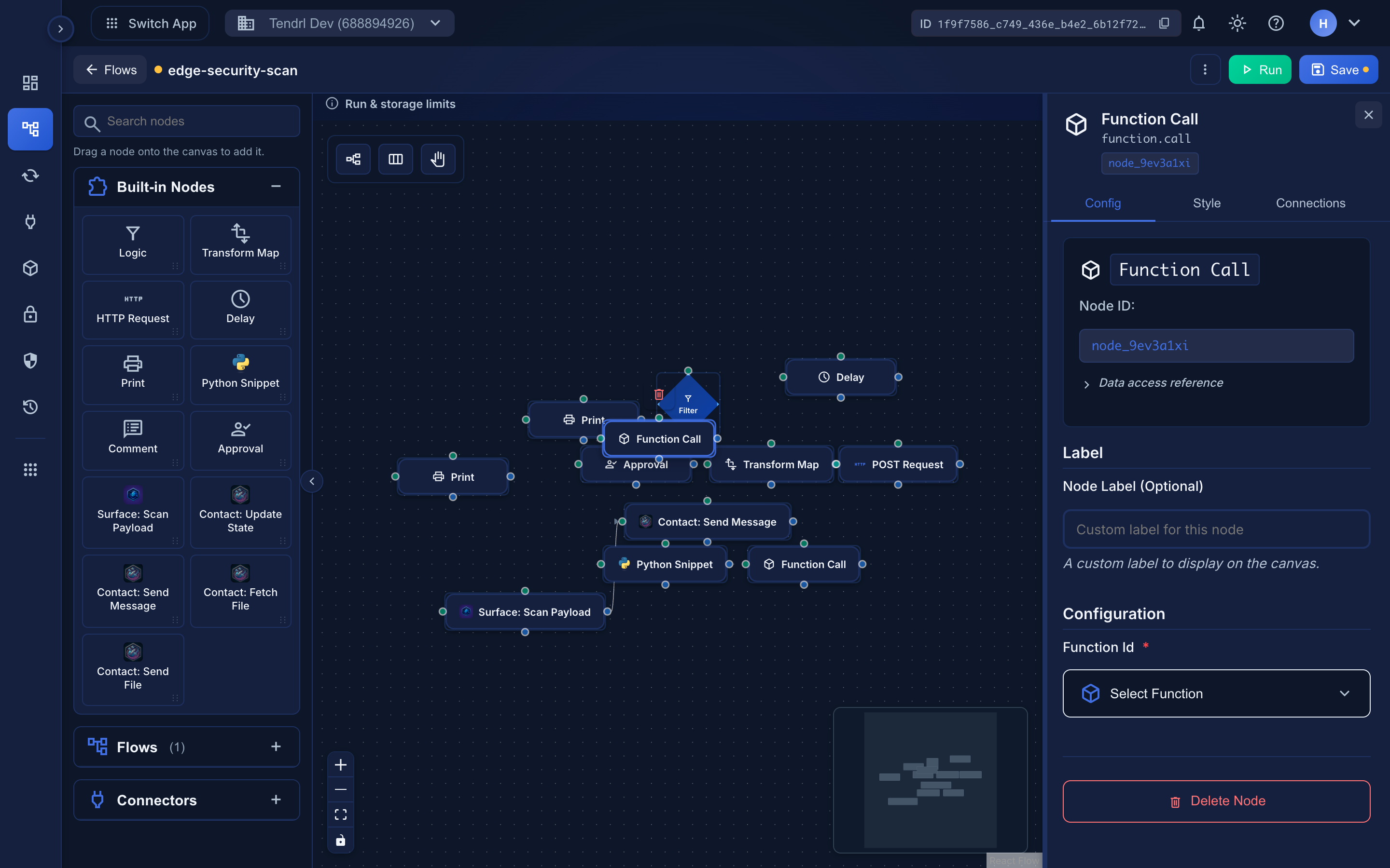 The Function Call node's Configuration, selecting a saved function from the library.