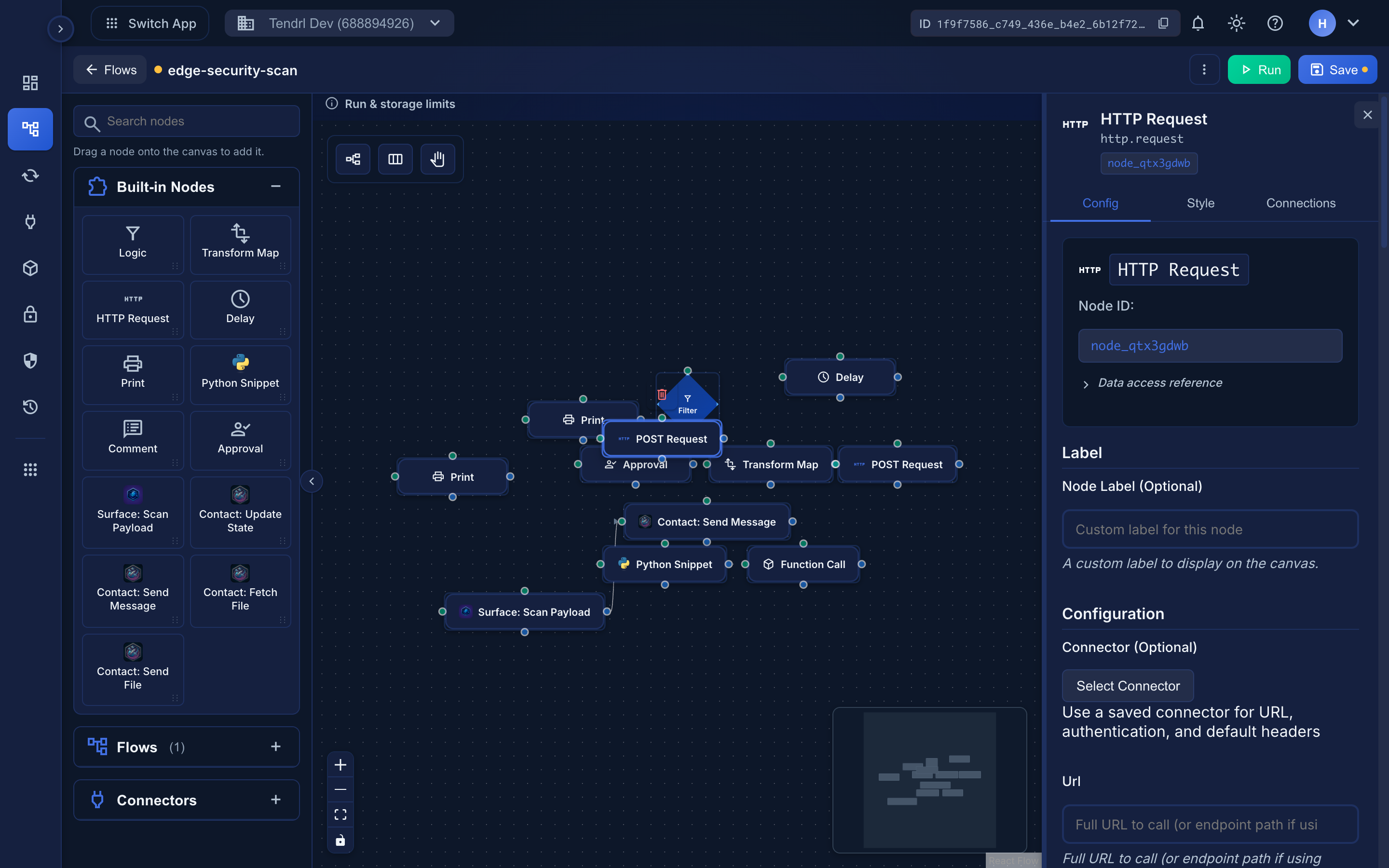 The HTTP Request node's Configuration: method, URL, headers, and body.