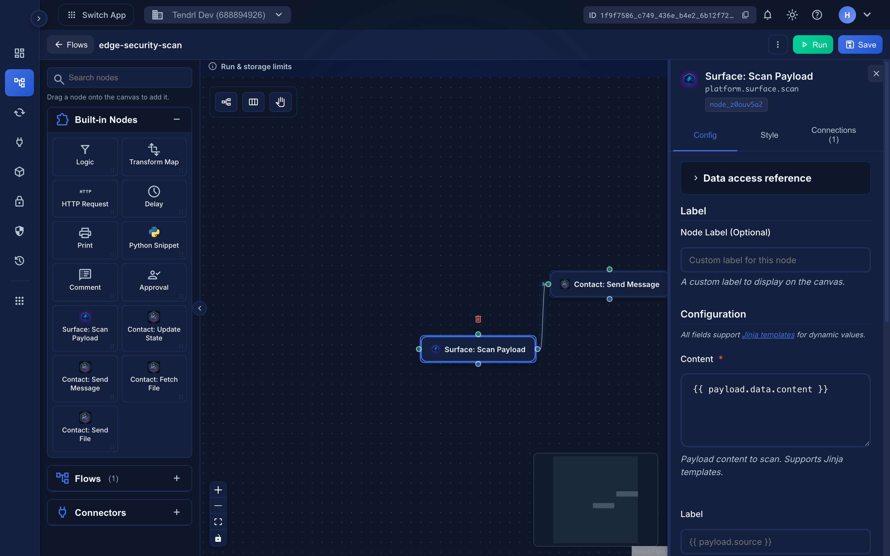 A workflow using one of each node type, with the Node Inspector open on the right.