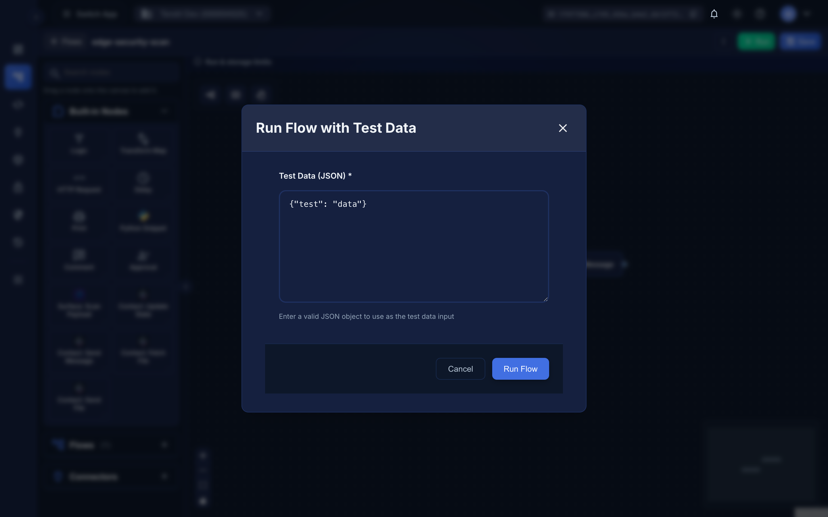 The Run Flow with Test Data dialog containing a JSON payload